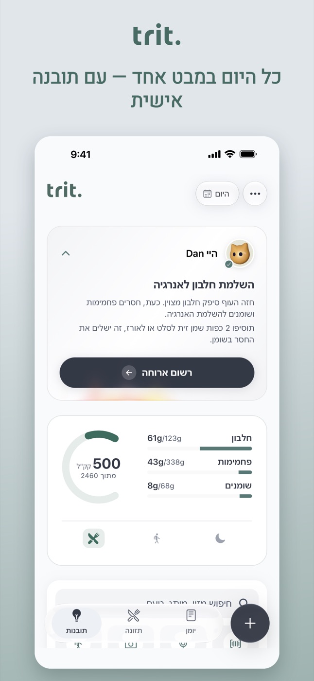 מסך הבית באפליקציית Trit: תובנה יומית על השלמת חלבון ושומן, ומאזן הקלוריות והמאקרו של היום
