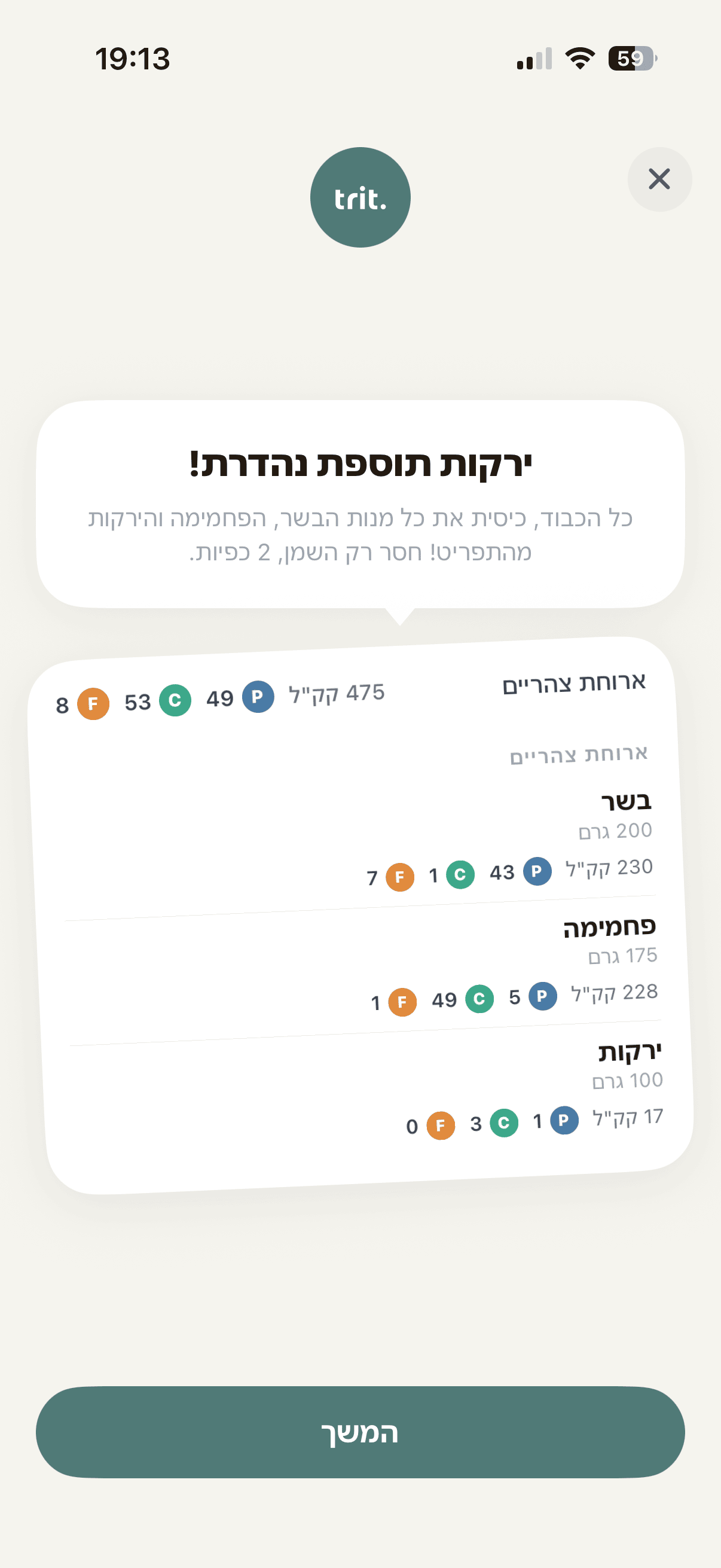 משוב מיידי על ארוחה באפליקציית Trit