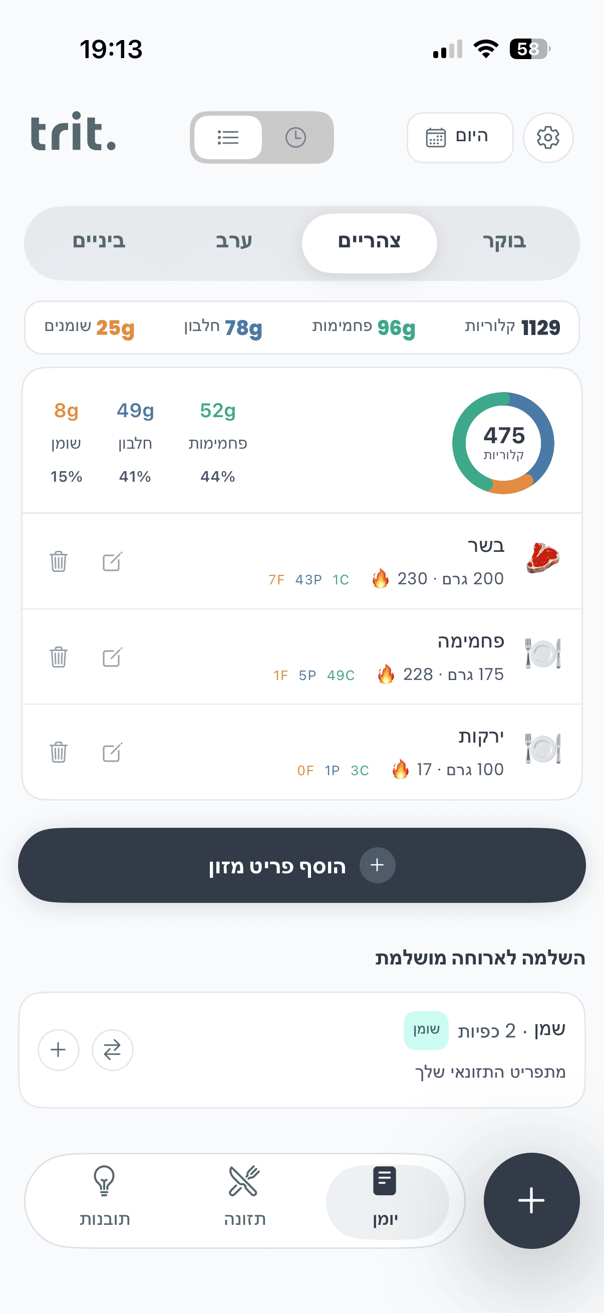 יומן האוכל באפליקציית Trit — ארוחות ומאקרו